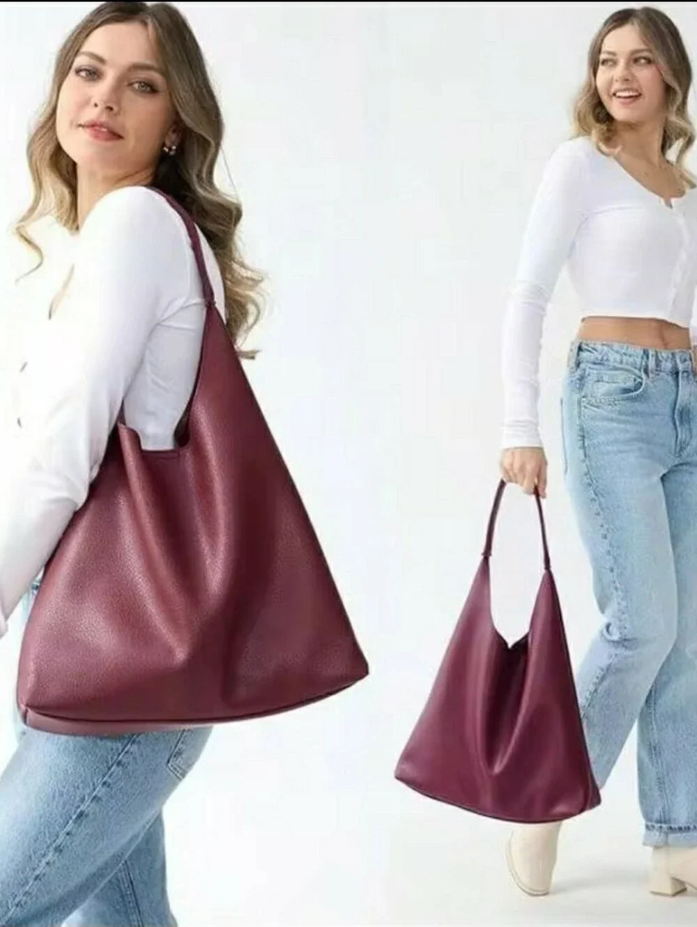 Hobo Dark Red Bags for Women Soft Vegan Leather Slouchy Tote Shoulder Handbag
